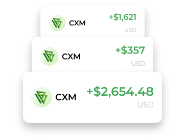 Riwayat transaksi rebate CXM yang menunjukkan pembayaran $1.621, $357, dan $2.654,48