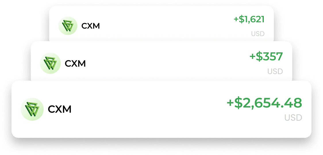 Riwayat transaksi rebate CXM yang menunjukkan pembayaran $1.621, $357, dan $2.654,48
