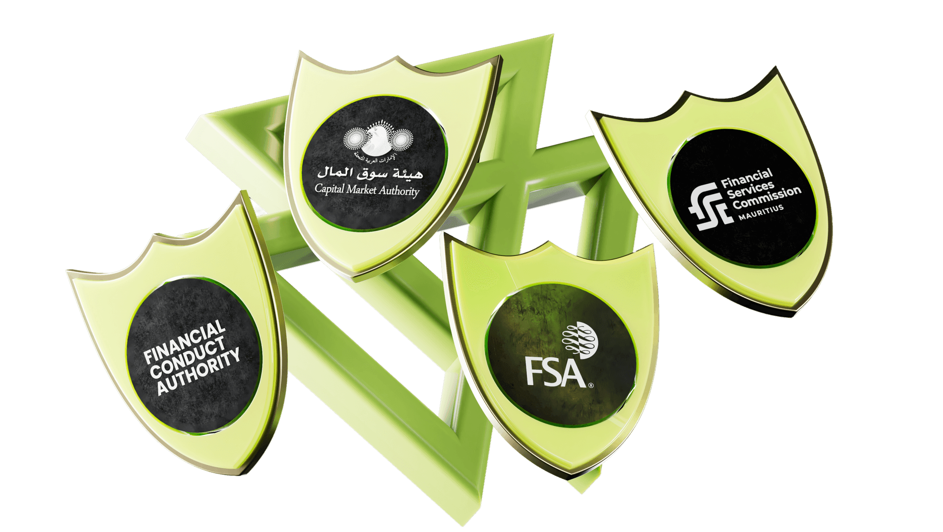 Licencias regulatorias de CXM — escudos de premios FCA, CMA, FSC y FSA