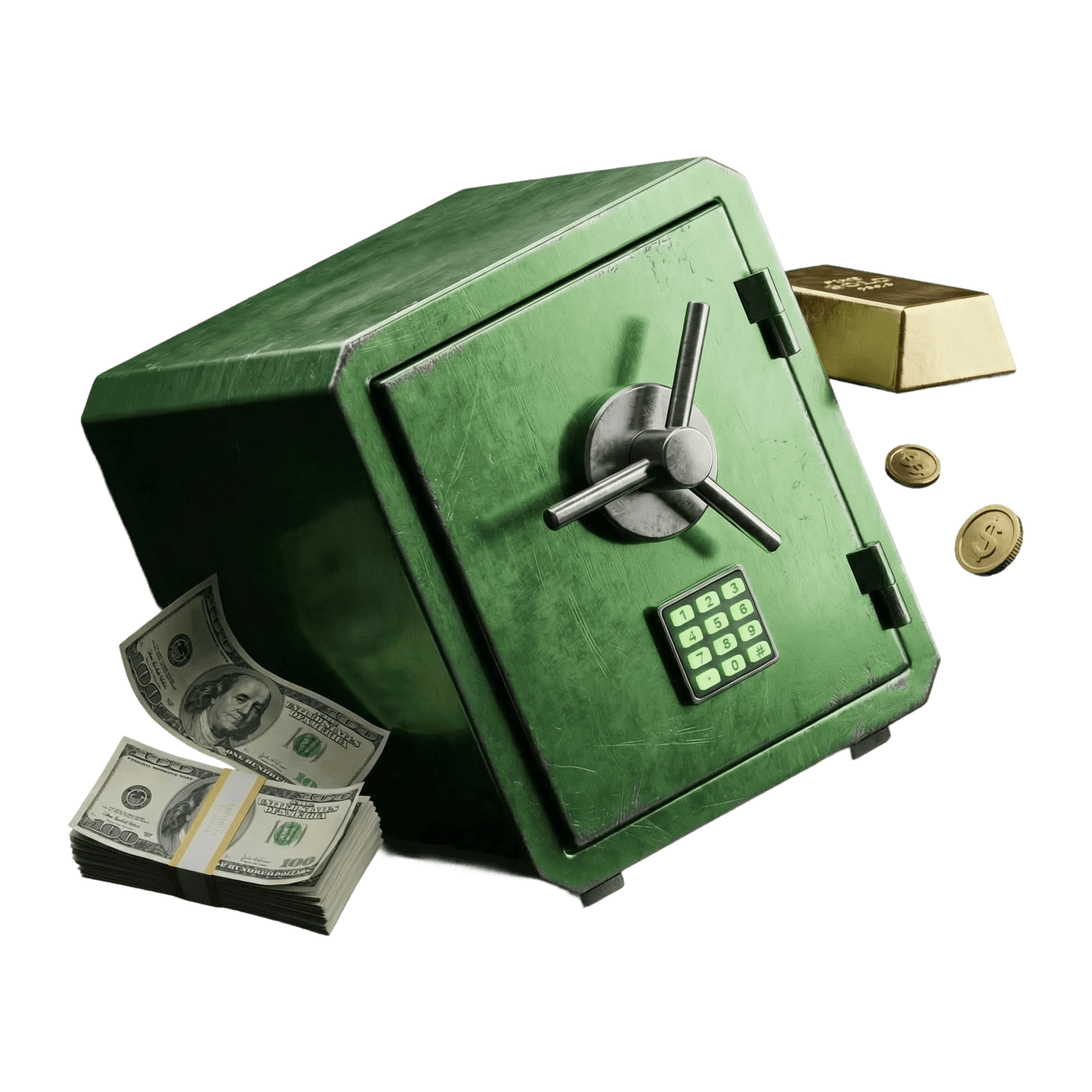 Caja fuerte verde con billetes y lingotes de oro