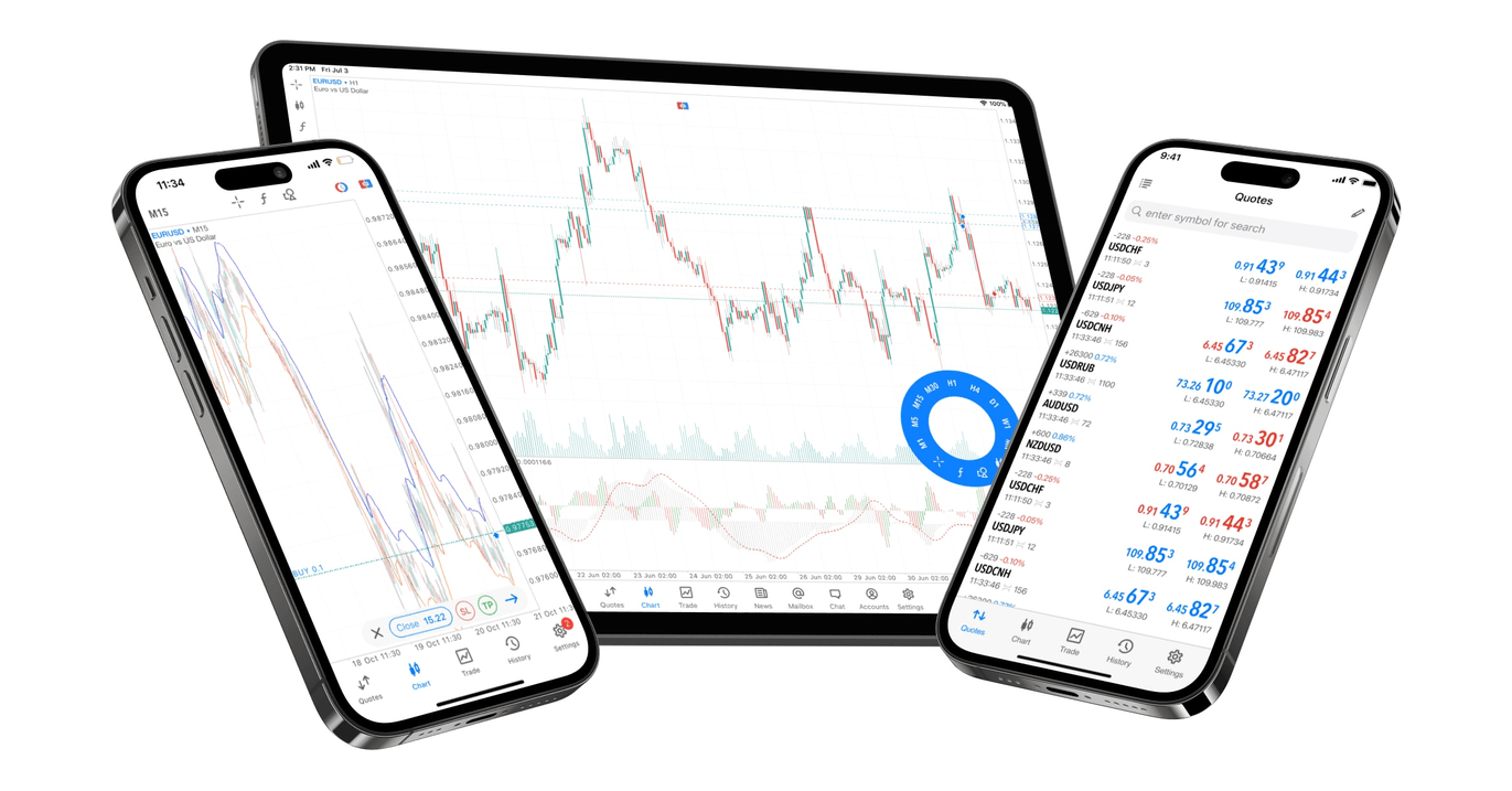 Plataforma MetaTrader 5 en laptop y dispositivo móvil con el logotipo de MT5