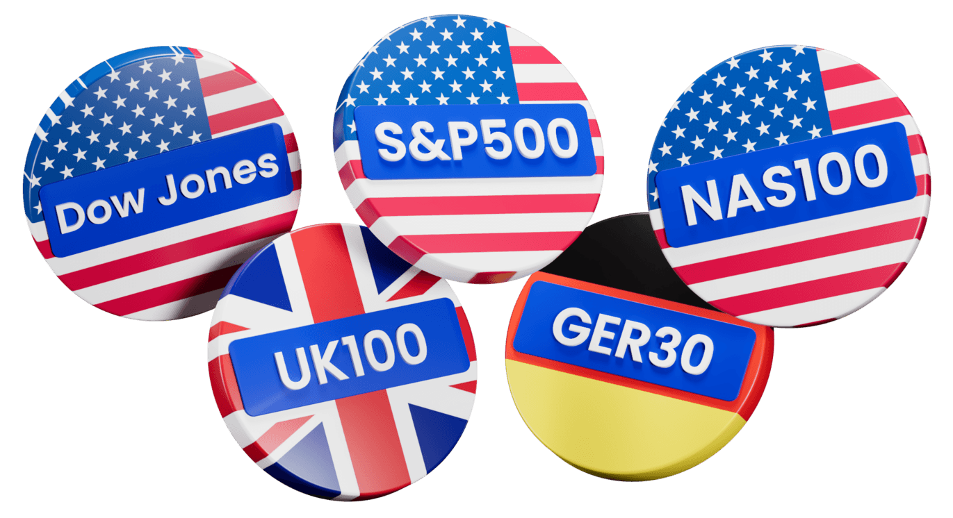 Insignias de índices bursátiles globales — Dow Jones, S&P 500, NAS100, UK100 y GER30